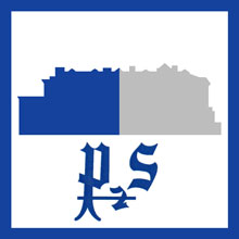 Signet mit den Buchstaben P und S vor einer Blau Grau geteilten, sowie gefüllten, Strichzeichnung des Kulturhauses; blauer Rahmen, weißer Hintergrund